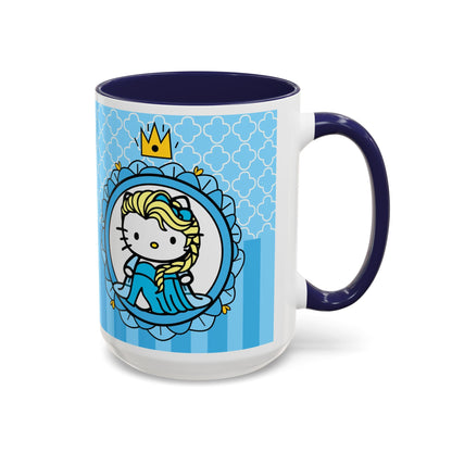 Princess Cat Illustration Accent Coffee Mug | Blue Striped Ceramic