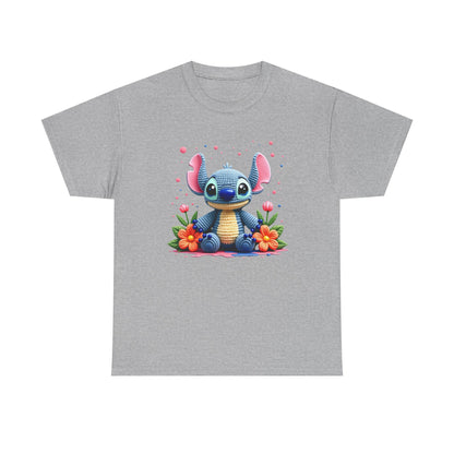 Cute Blue Alien Character Tee | Sitting Stitch-Inspired Design, Floral Accents