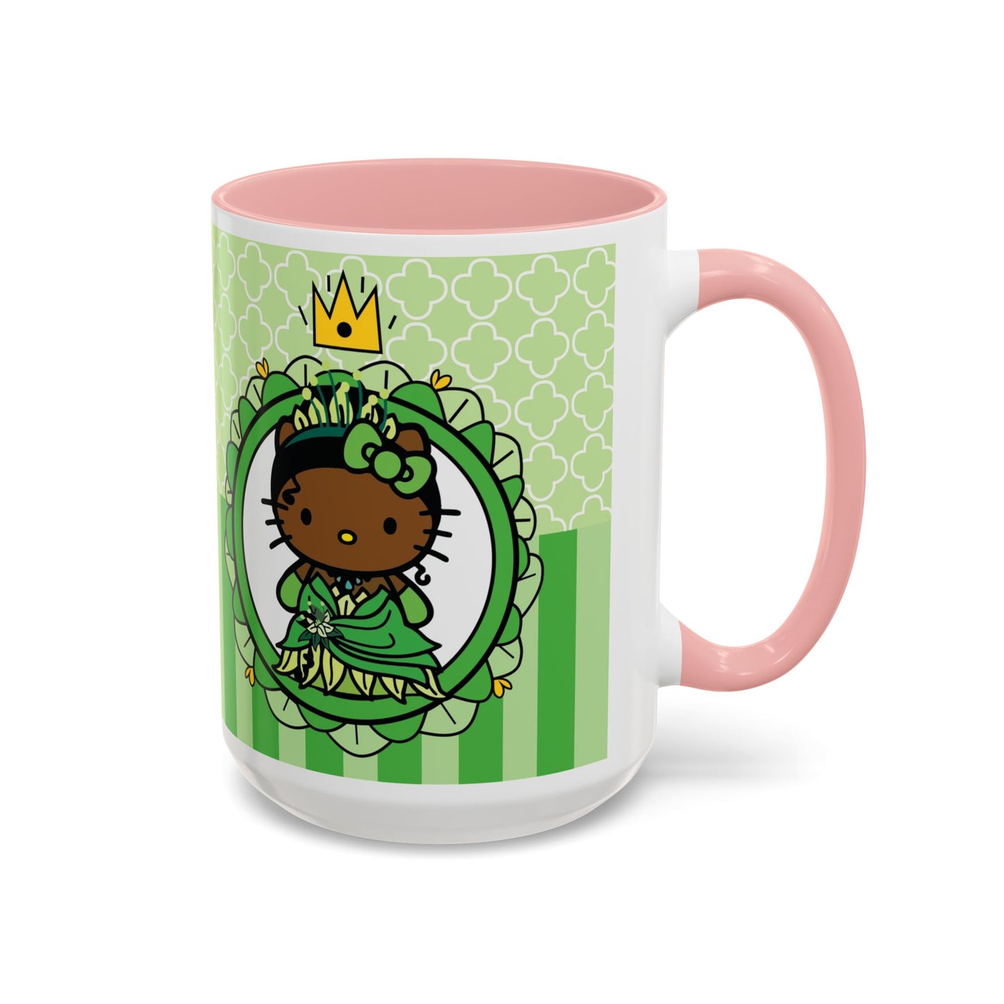 Princess Cat Illustration Accent Coffee Mug | Green Stripes