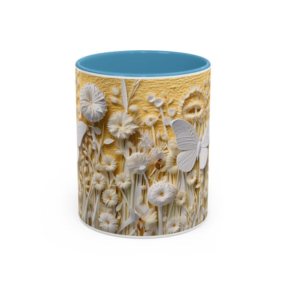 White Floral Relief with Butterflies Accent Mug | 11oz 15oz