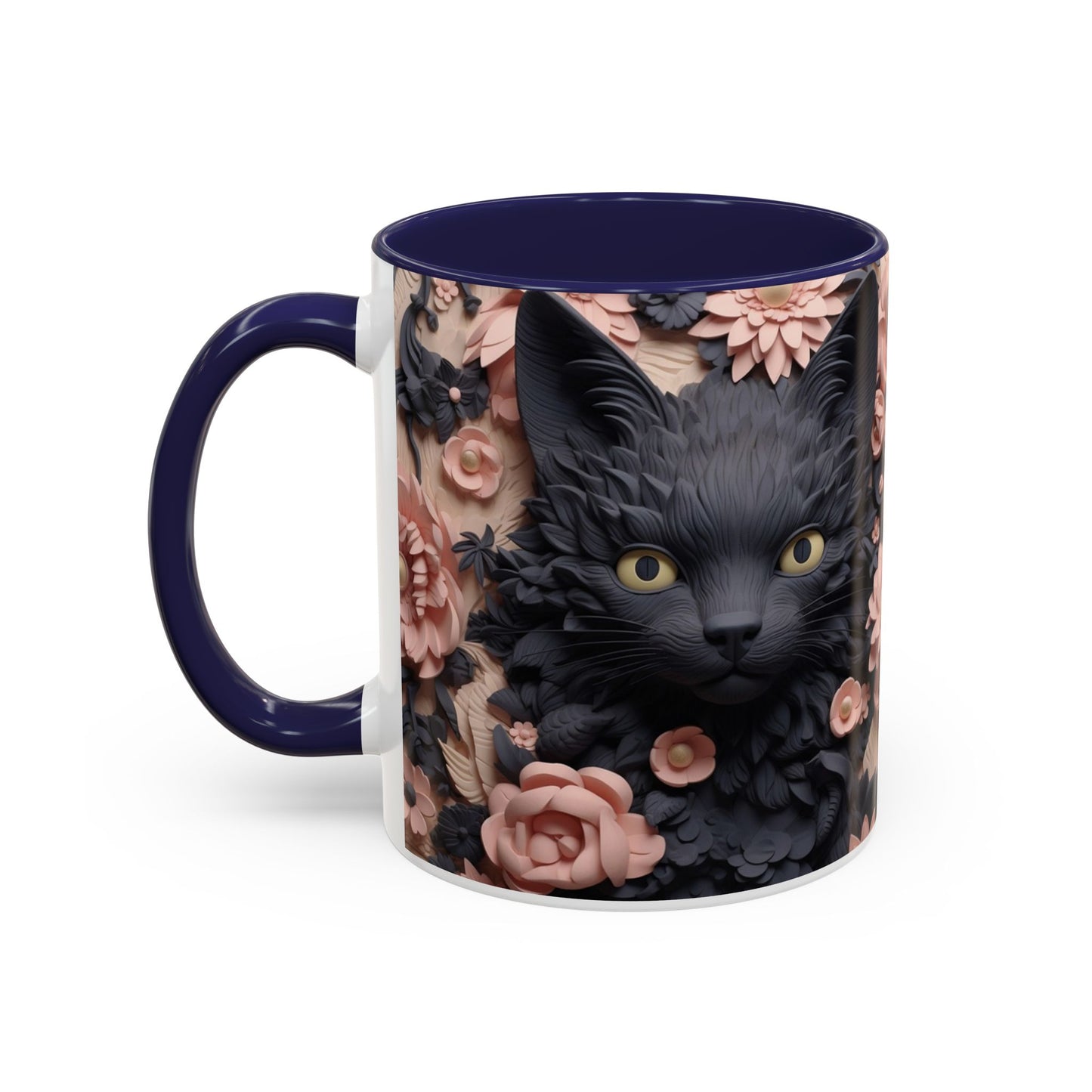 Black Cat & Pink Roses Accent Coffee Mug — 11/15oz Floral Cat Art