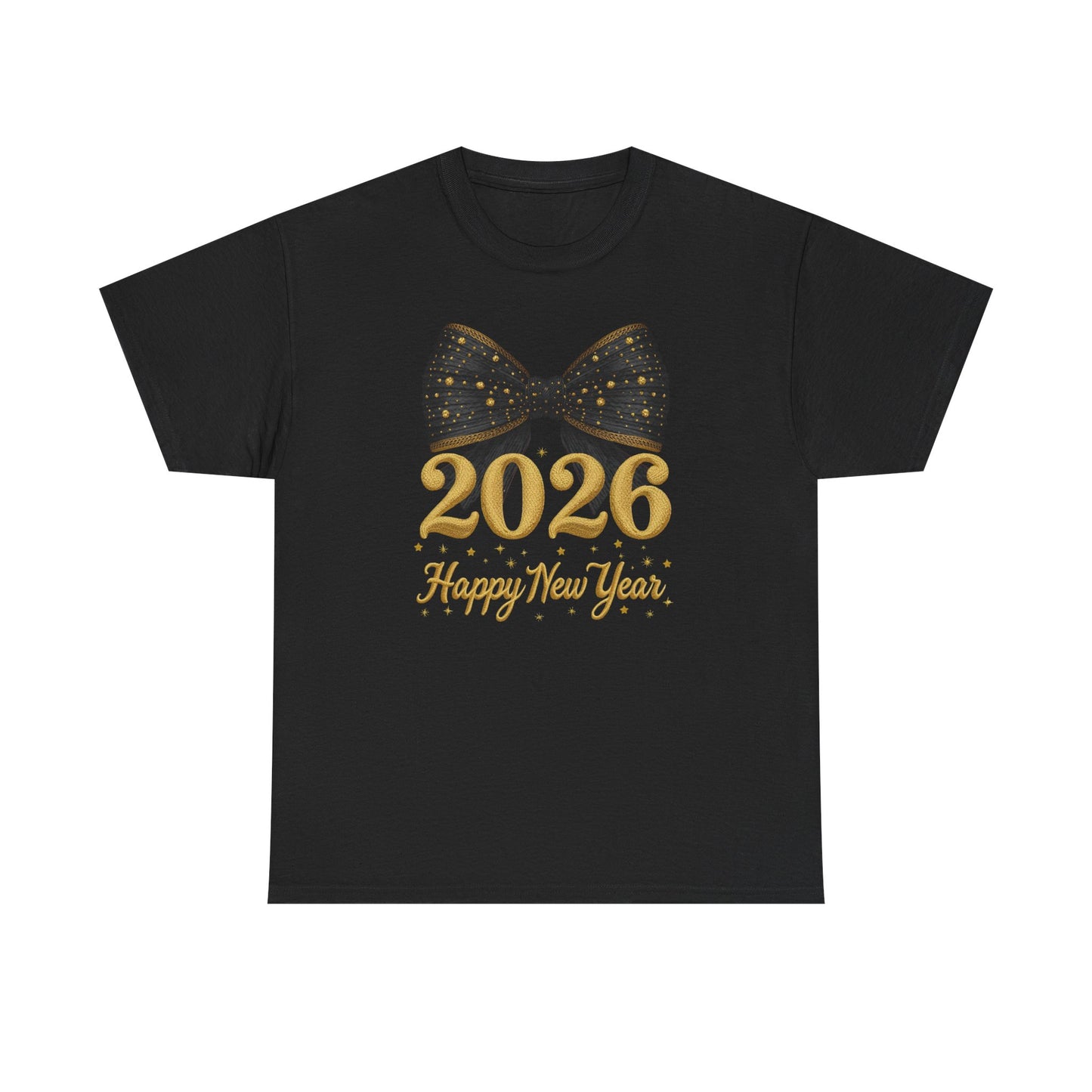 2026 Happy New Year T-Shirt — Gold Numbers with Black Sparkle Bow