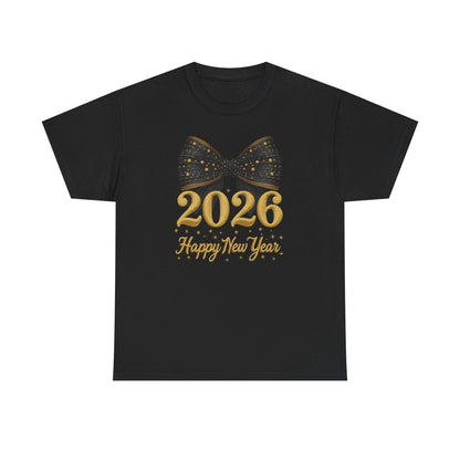 2026 Happy New Year T-Shirt — Gold Numbers with Black Sparkle Bow