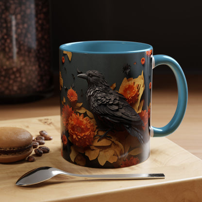 Autumn Raven Accent Coffee Mug — Black Crow & Orange Chrysanthemums (11/15oz)