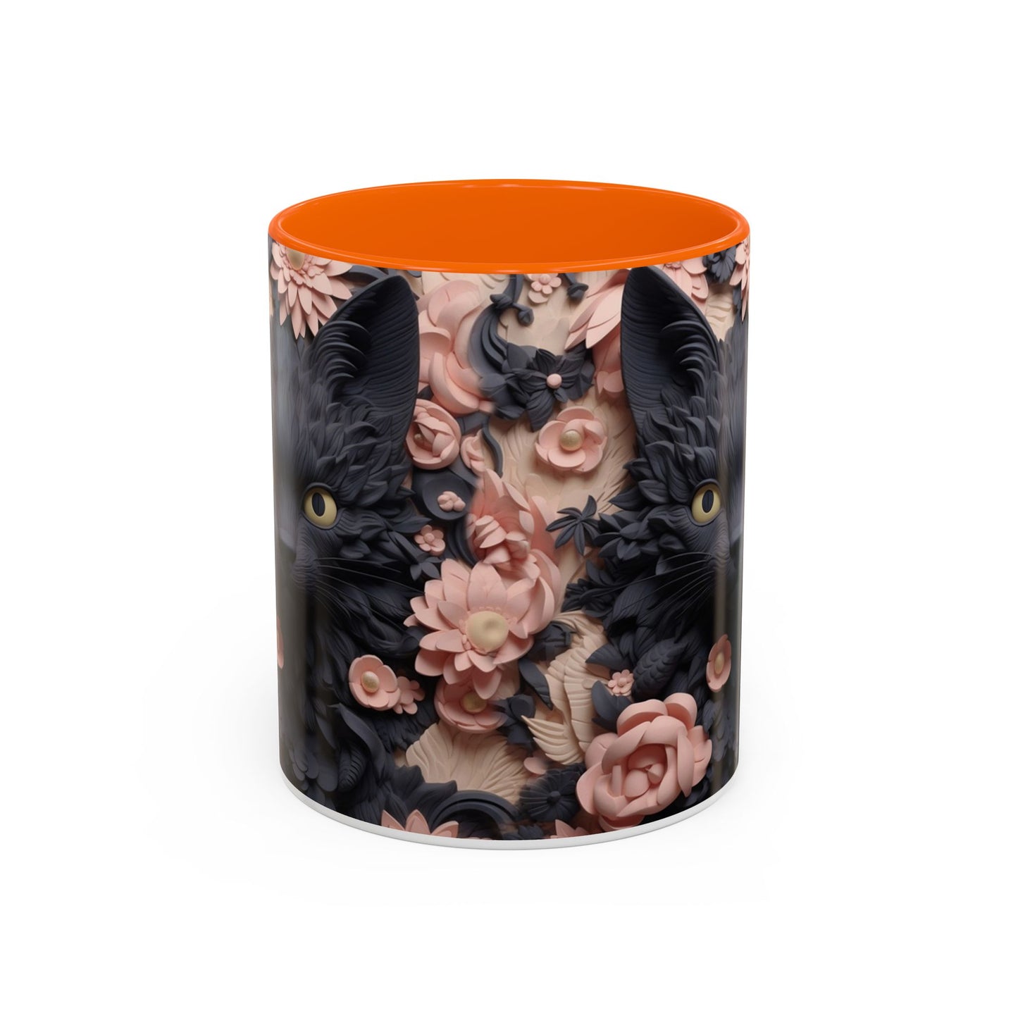 Black Cat & Pink Roses Accent Coffee Mug — 11/15oz Floral Cat Art