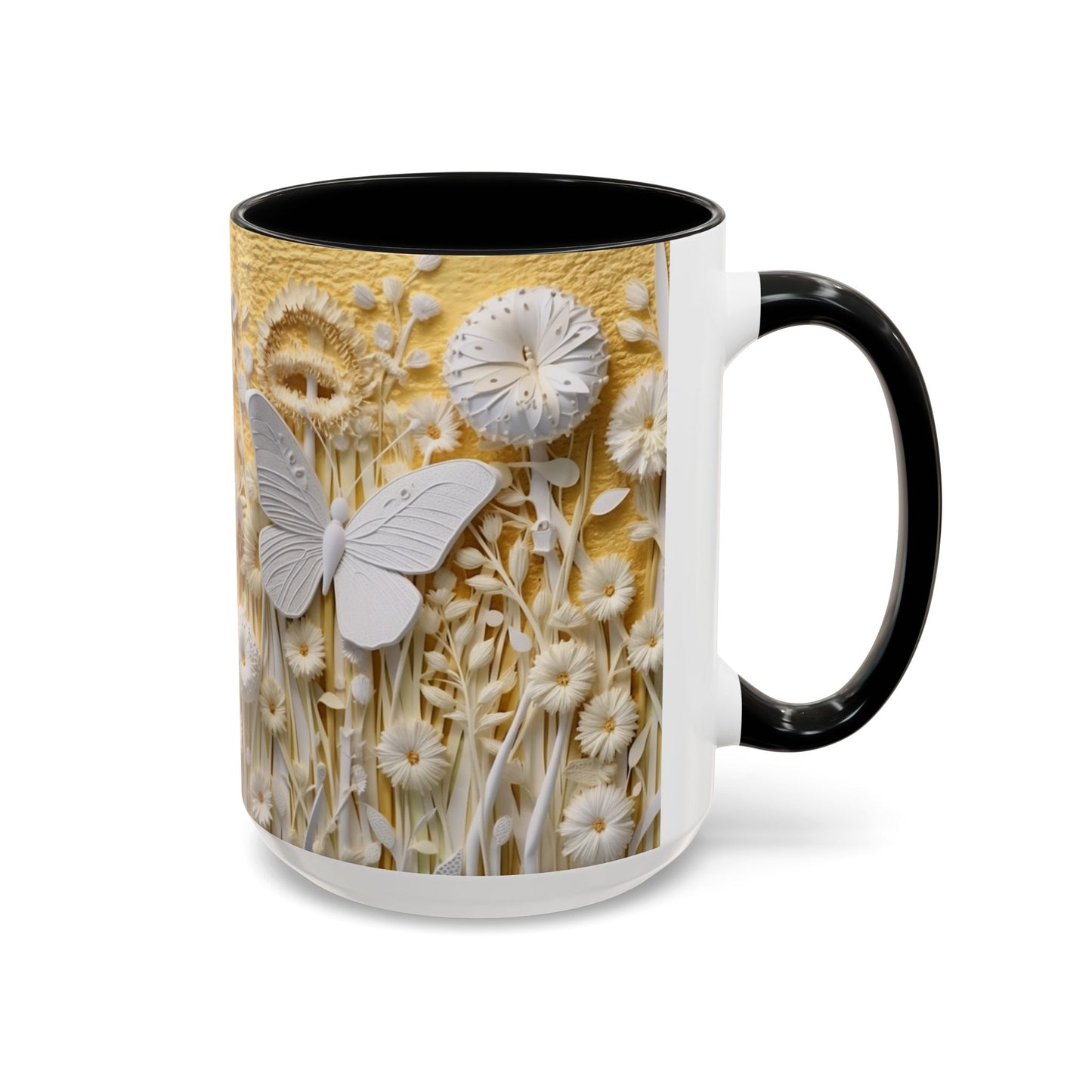 White Floral Relief with Butterflies Accent Mug | 11oz 15oz