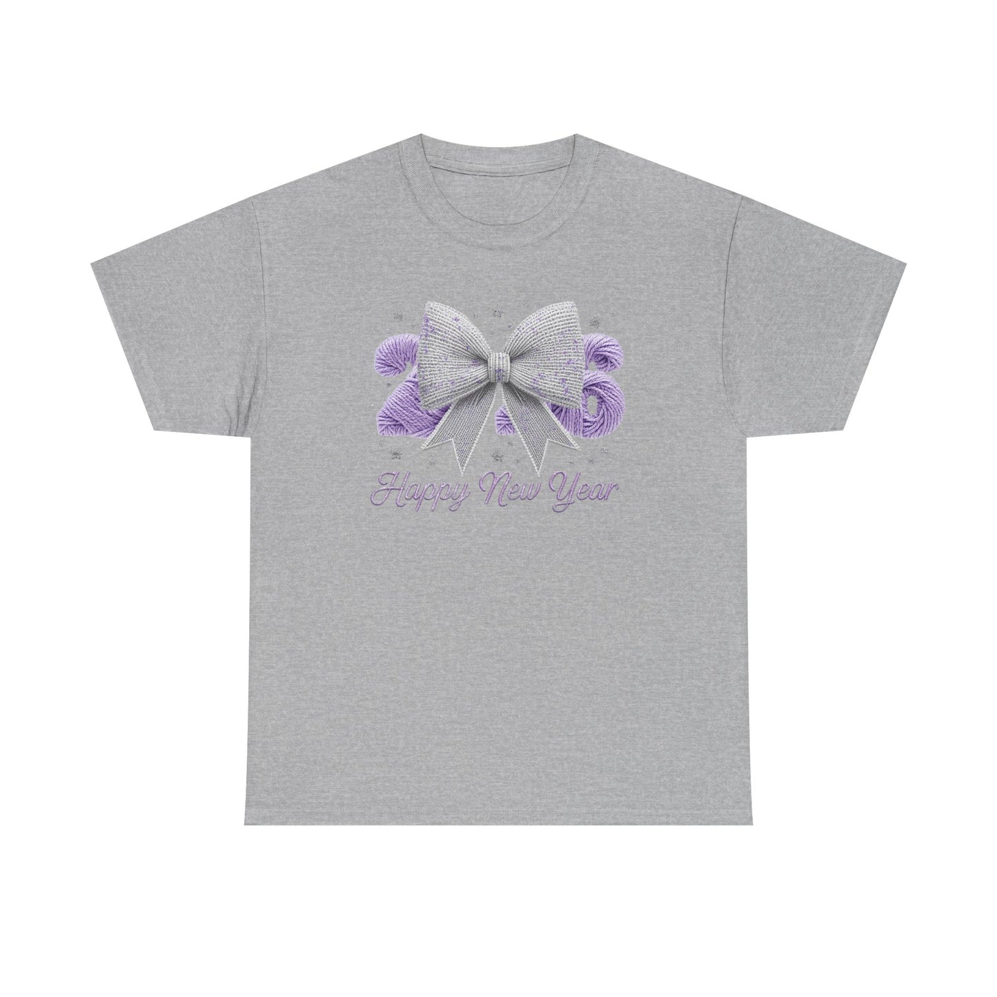 Happy New Year Bow T-Shirt Silver Glitter Bow with Purple Confetti Tee