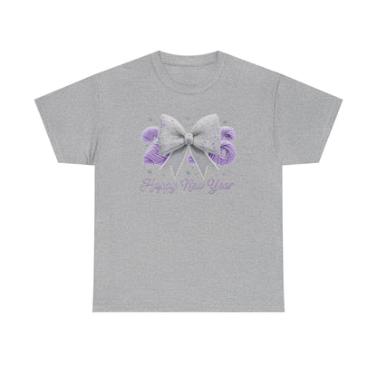 Happy New Year Bow T-Shirt Silver Glitter Bow with Purple Confetti Tee