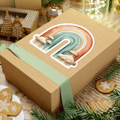 Boho Rainbow Kiss-Cut Sticker — Retro Earth Tones Rainbow with Clouds