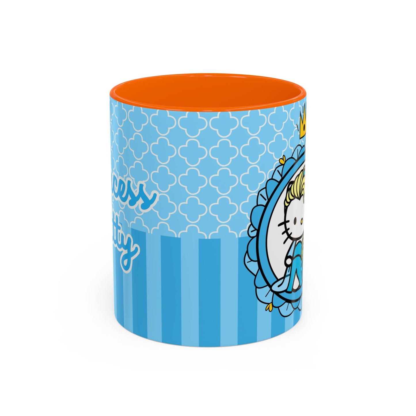 Princess Cat Illustration Accent Coffee Mug | Blue Striped Ceramic