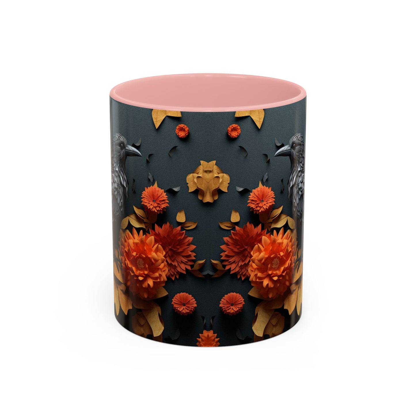 Autumn Raven Accent Coffee Mug — Black Crow & Orange Chrysanthemums (11/15oz)