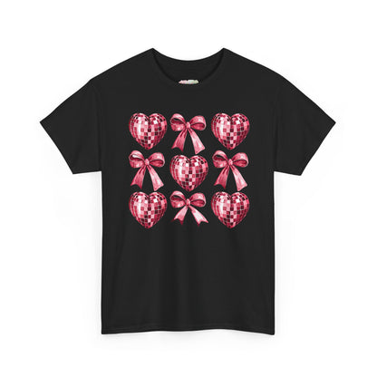 Pink Sequin Hearts & Bows T-Shirt | Valentine Heart Pattern Tee