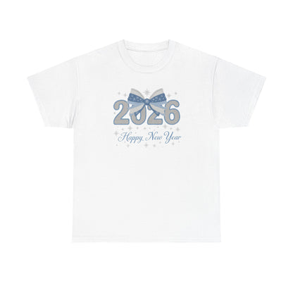 2026 Happy New Year Tee — Festive Blue Bow New Year T-Shirt