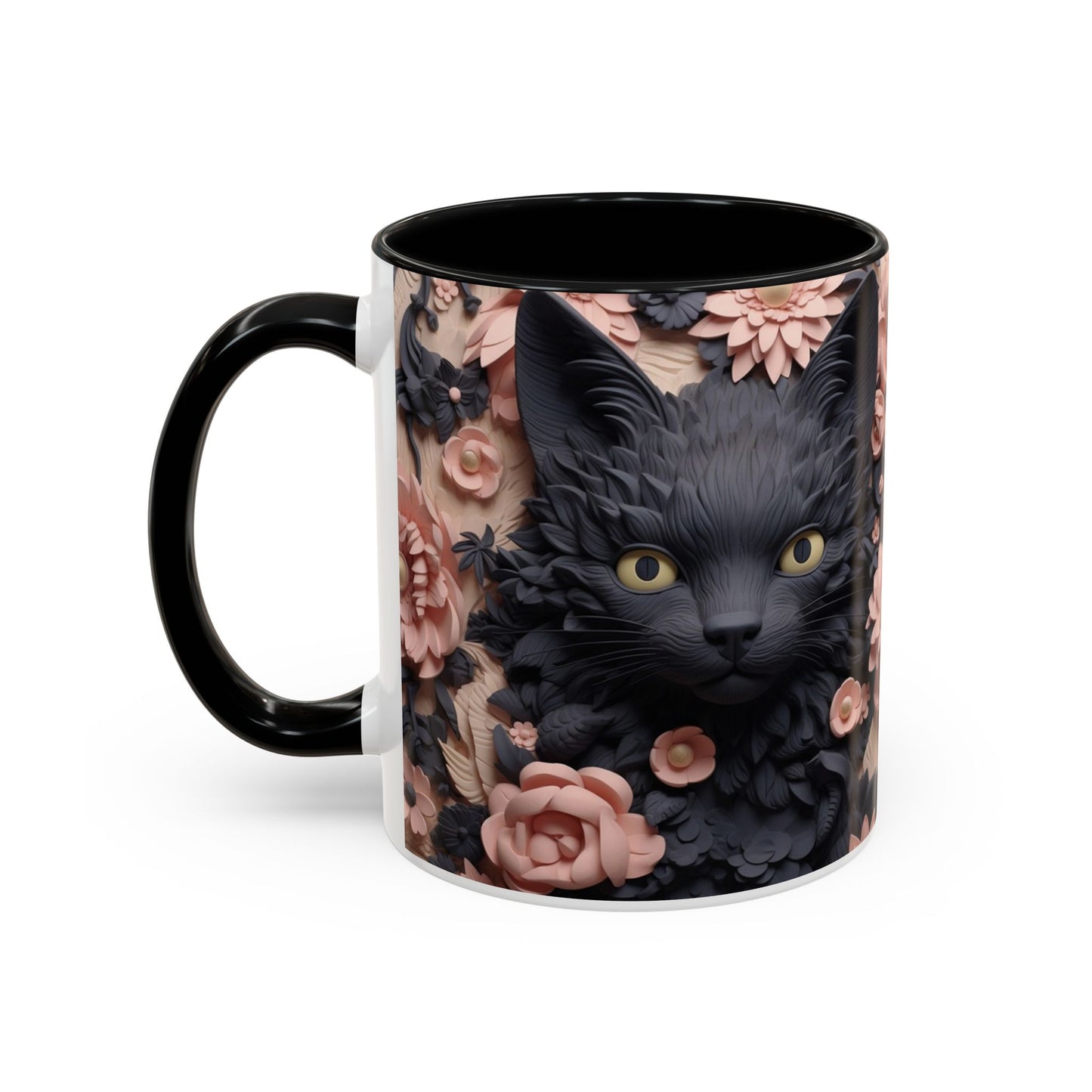 Black Cat & Pink Roses Accent Coffee Mug — 11/15oz Floral Cat Art