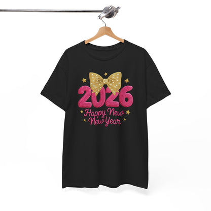 2026 Happy New Year T-Shirt — Pink & Gold Bow Celebration Tee