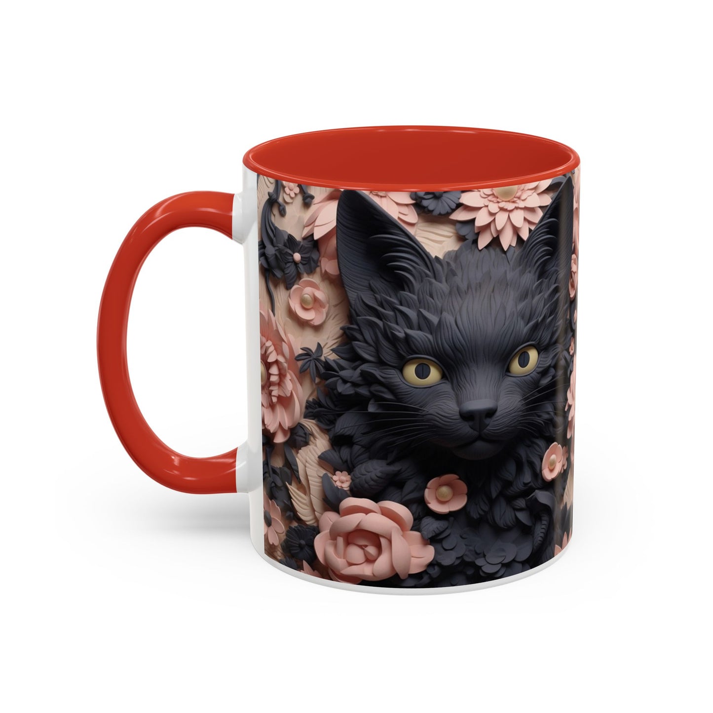 Black Cat & Pink Roses Accent Coffee Mug — 11/15oz Floral Cat Art