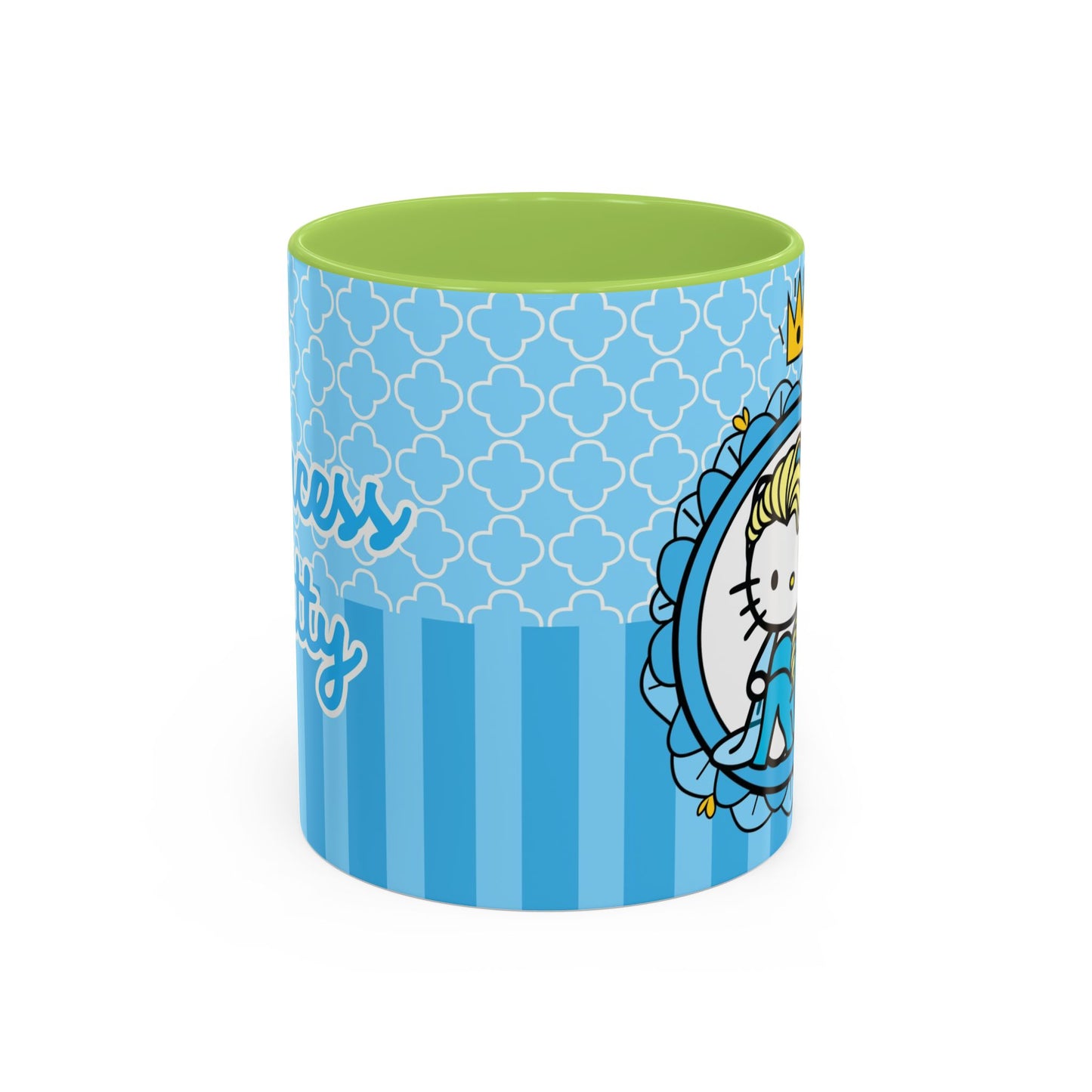 Princess Cat Illustration Accent Coffee Mug | Blue Striped Ceramic