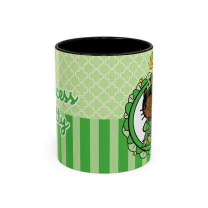 Princess Cat Illustration Accent Coffee Mug | Green Stripes