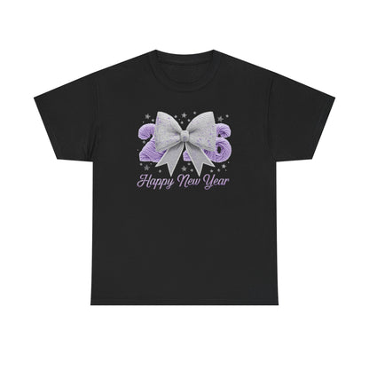 Happy New Year Bow T-Shirt Silver Glitter Bow with Purple Confetti Tee