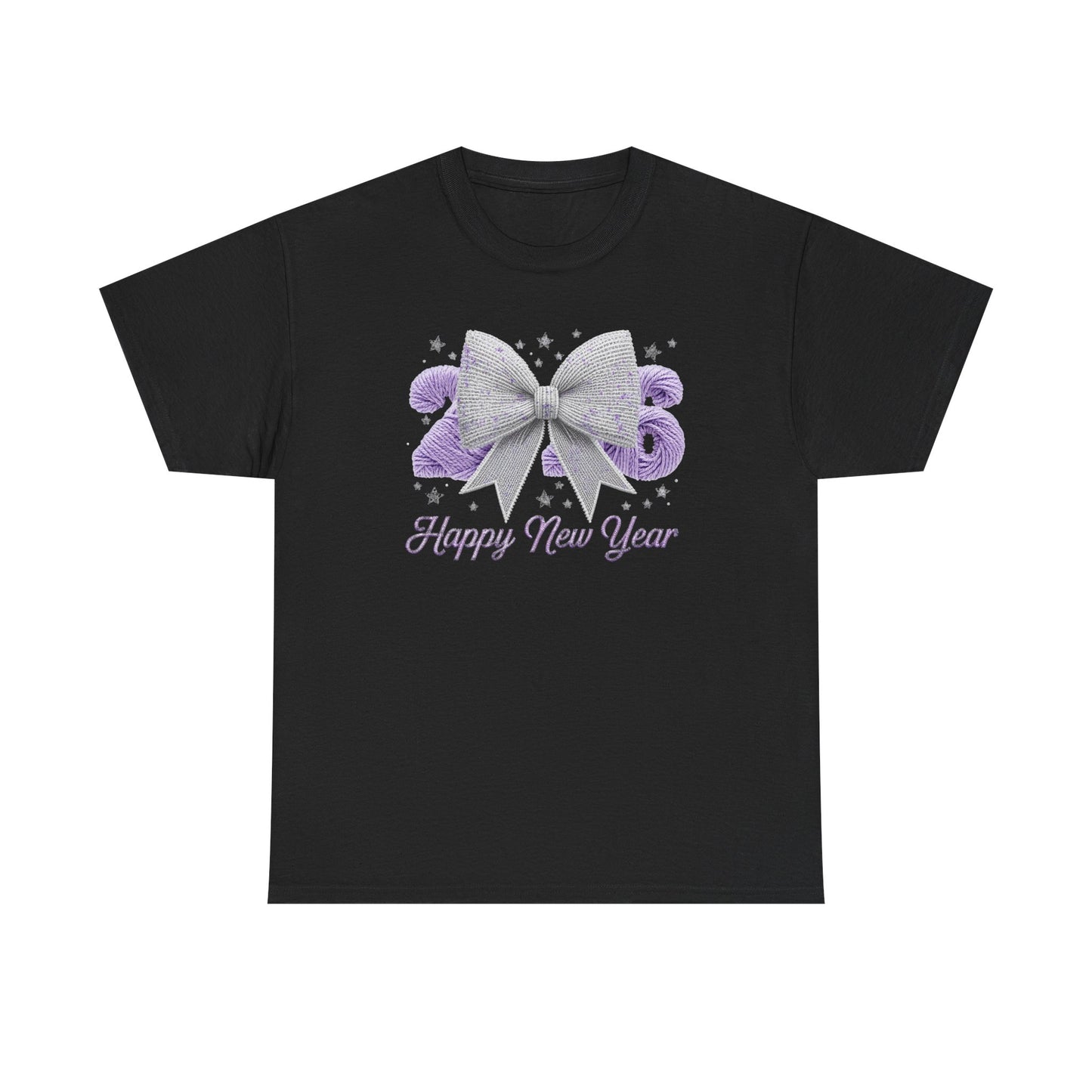 Happy New Year Bow T-Shirt Silver Glitter Bow with Purple Confetti Tee