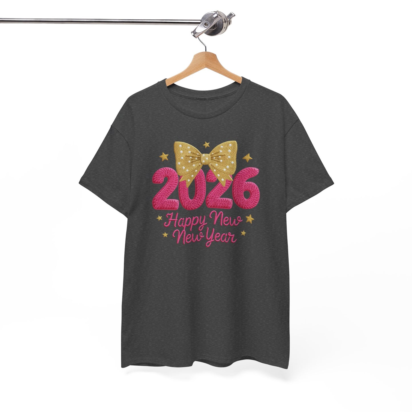 2026 Happy New Year T-Shirt — Pink & Gold Bow Celebration Tee