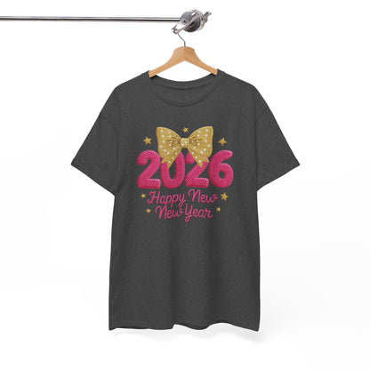 2026 Happy New Year T-Shirt — Pink & Gold Bow Celebration Tee