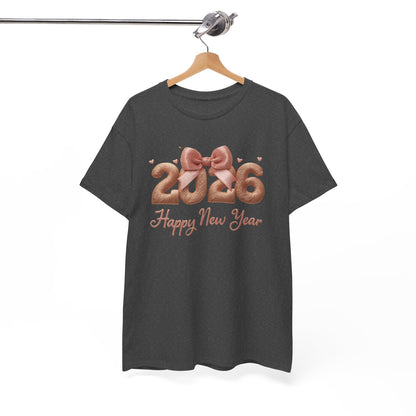 2026 Happy New Year T-Shirt — Rose Gold Balloon Numbers Graphic Tee