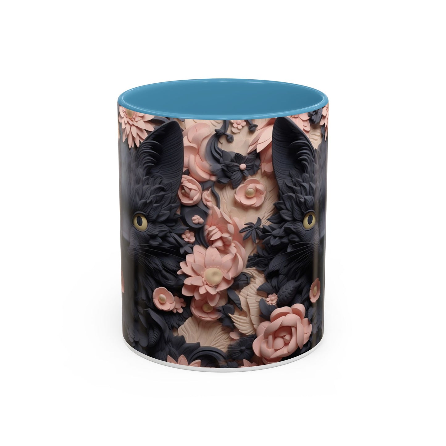 Black Cat & Pink Roses Accent Coffee Mug — 11/15oz Floral Cat Art