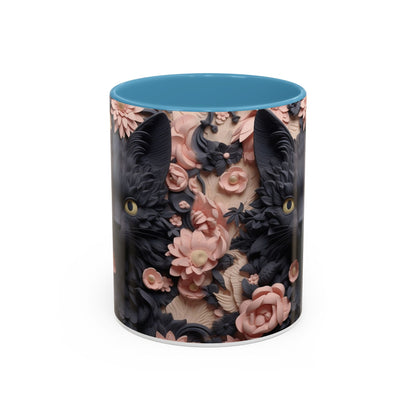 Black Cat & Pink Roses Accent Coffee Mug — 11/15oz Floral Cat Art