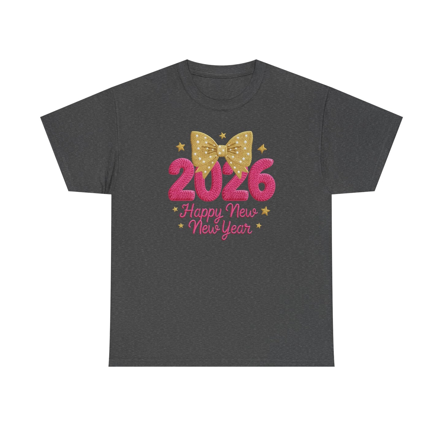 2026 Happy New Year T-Shirt Pink & Gold Bow Celebration Tee