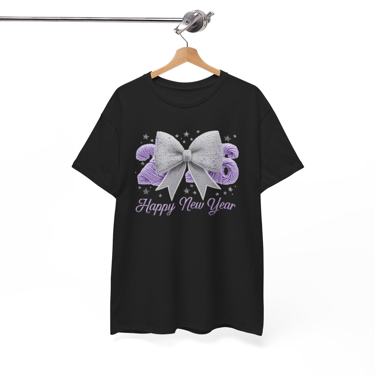 Happy New Year Bow T-Shirt — Silver Glitter Bow with Purple Confetti Tee