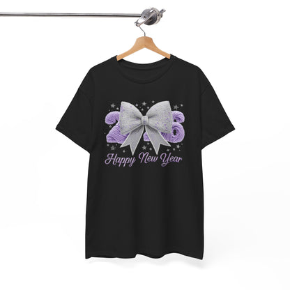 Happy New Year Bow T-Shirt — Silver Glitter Bow with Purple Confetti Tee