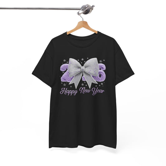 Happy New Year Bow T-Shirt — Silver Glitter Bow with Purple Confetti Tee