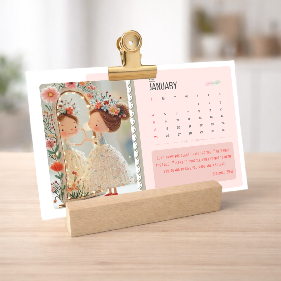 Customizable 2026 Calendar | Wood Block Stand and Clip included