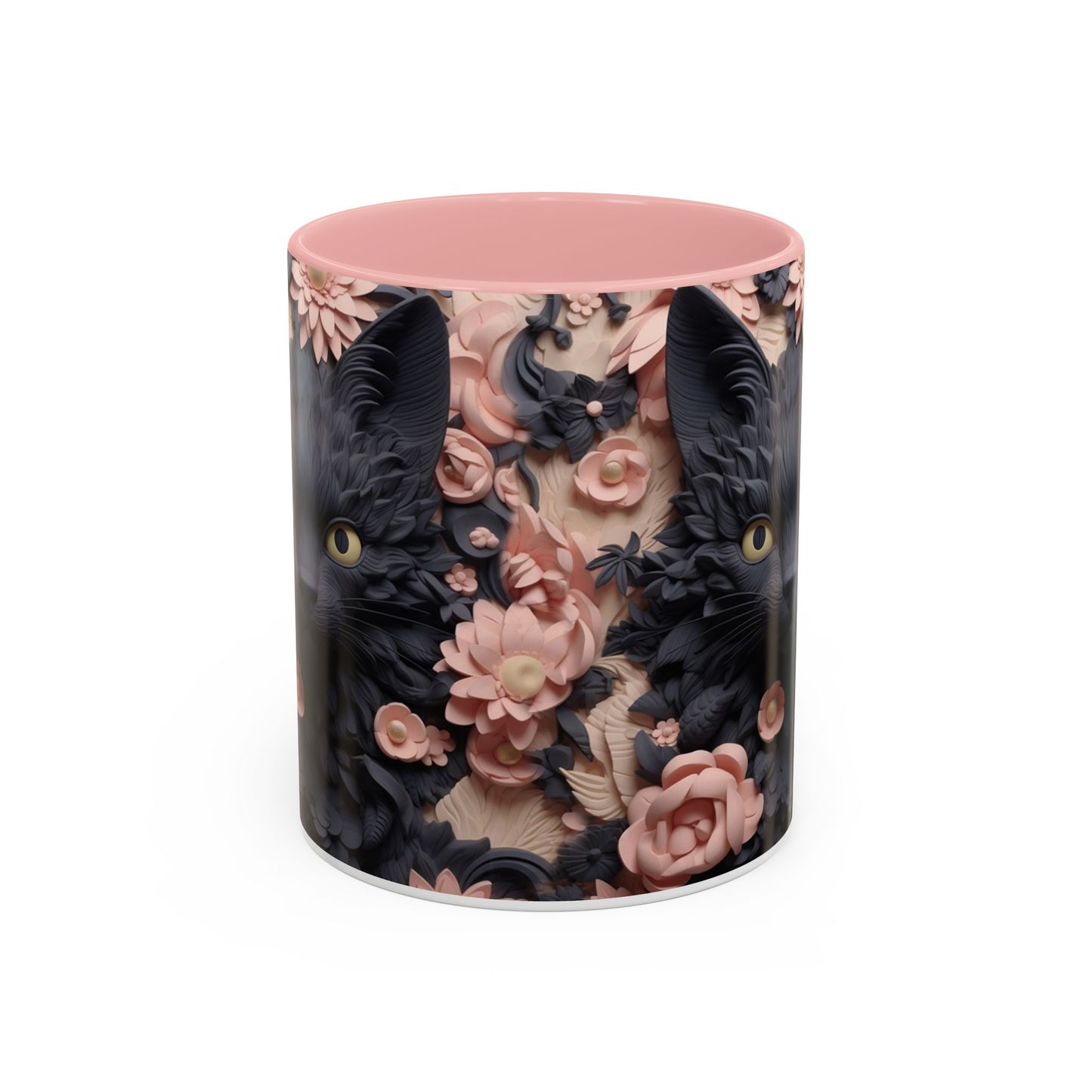 Black Cat & Pink Roses Accent Coffee Mug — 11/15oz Floral Cat Art