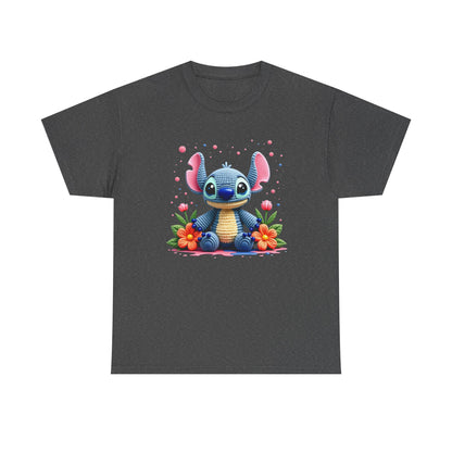 Cute Blue Alien Character Tee | Sitting Stitch-Inspired Design, Floral Accents