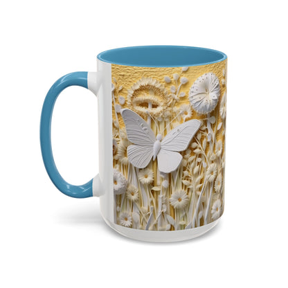 White Floral Relief with Butterflies Accent Mug | 11oz 15oz