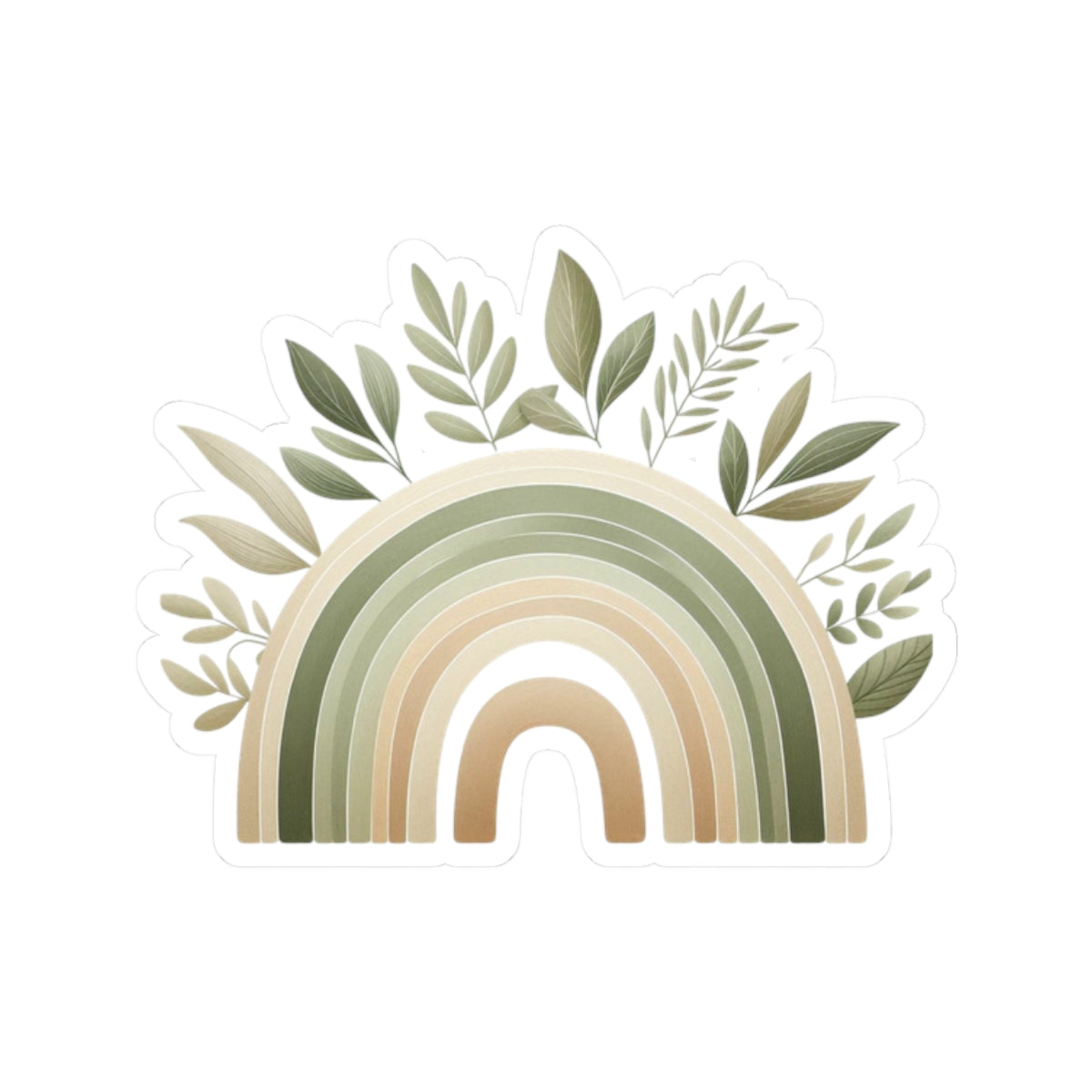 Neutral Boho Rainbow Kiss-Cut Sticker — Green Earthy Leaves Decal