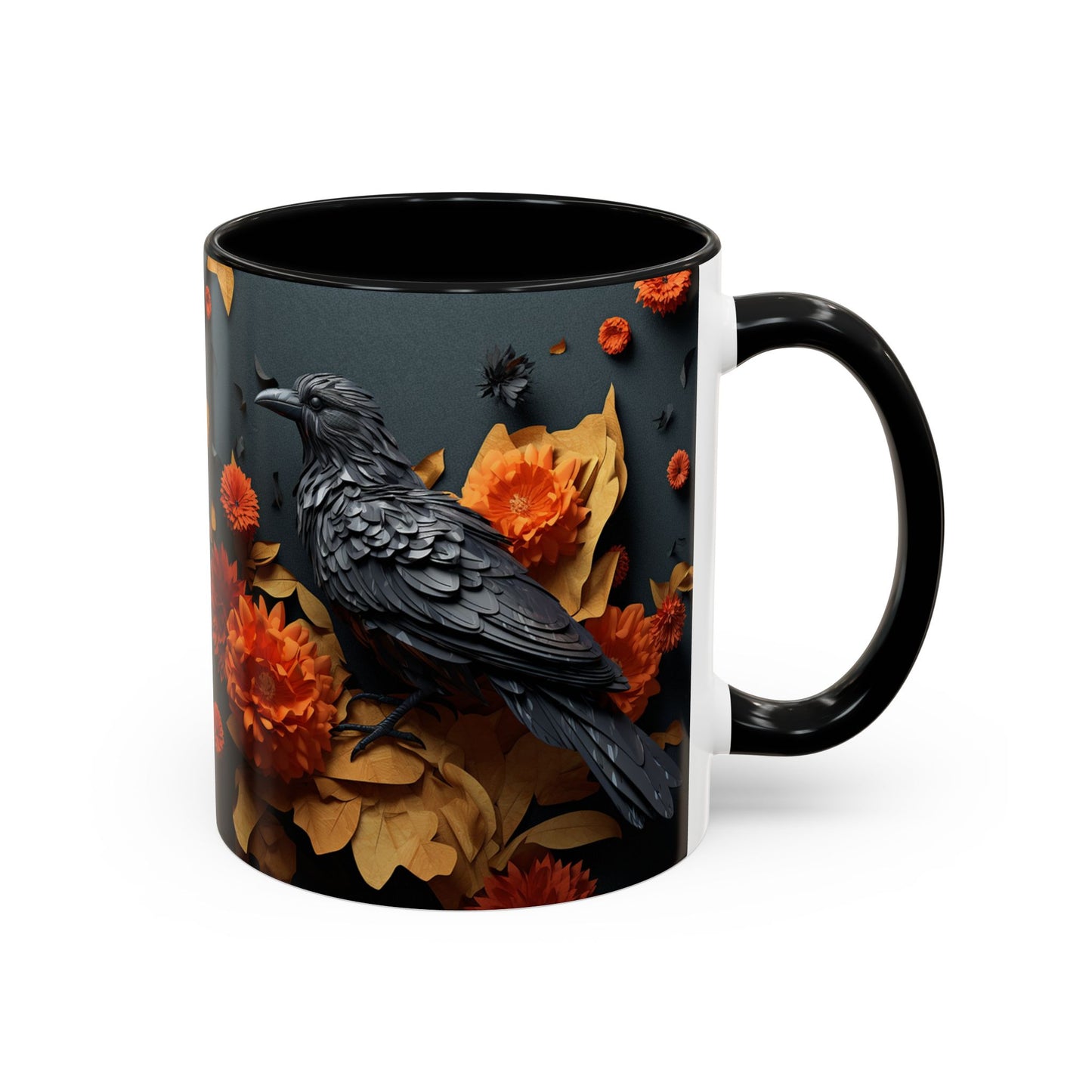 Autumn Raven Accent Coffee Mug — Black Crow & Orange Chrysanthemums (11/15oz)