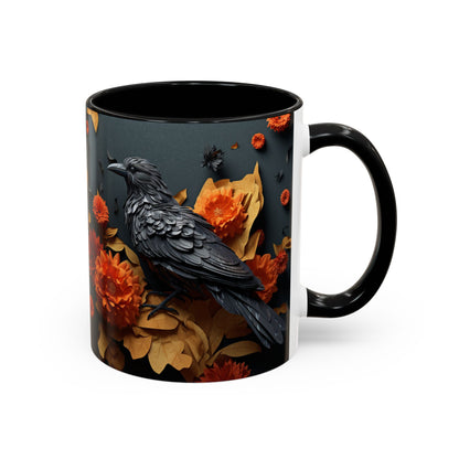 Autumn Raven Accent Coffee Mug — Black Crow & Orange Chrysanthemums (11/15oz)