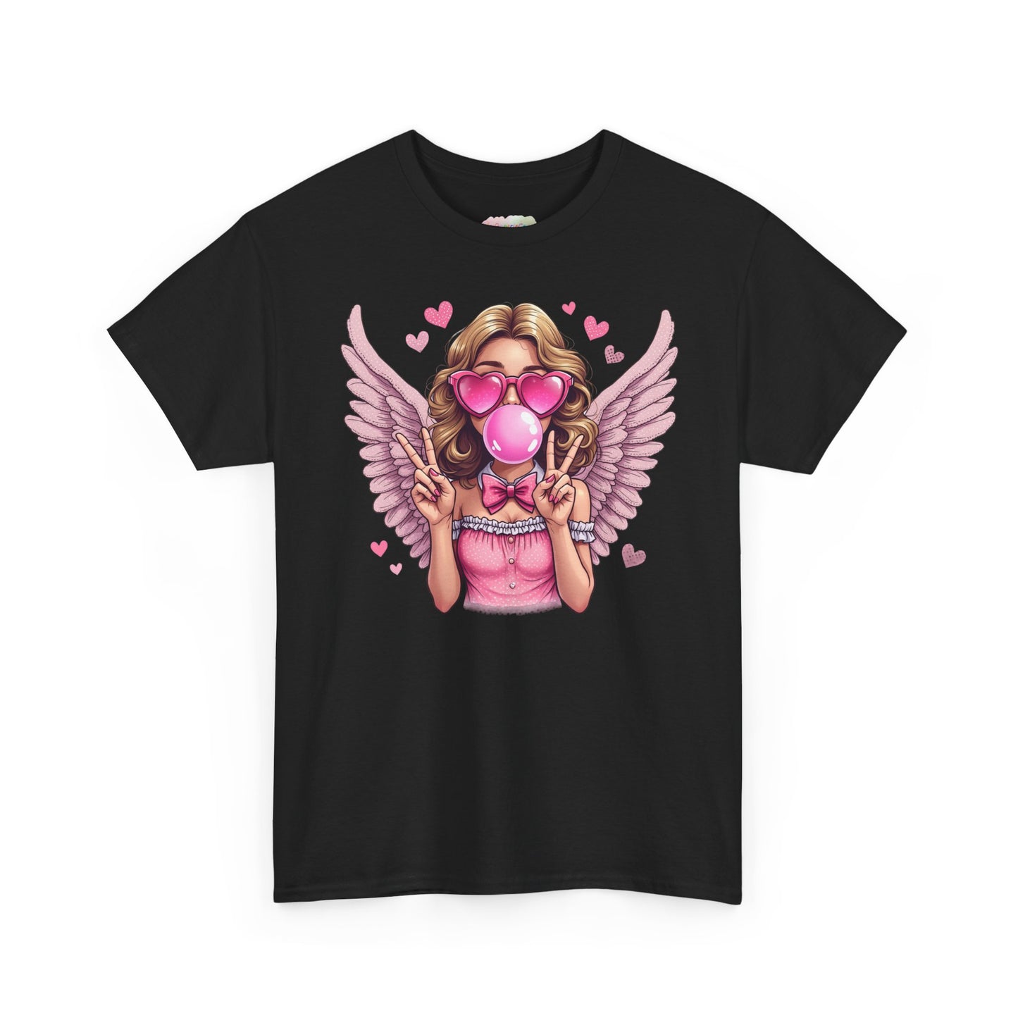 Pink Bubblegum Angel Tee | Winged Girl, Heart Sunglasses, Cute Retro