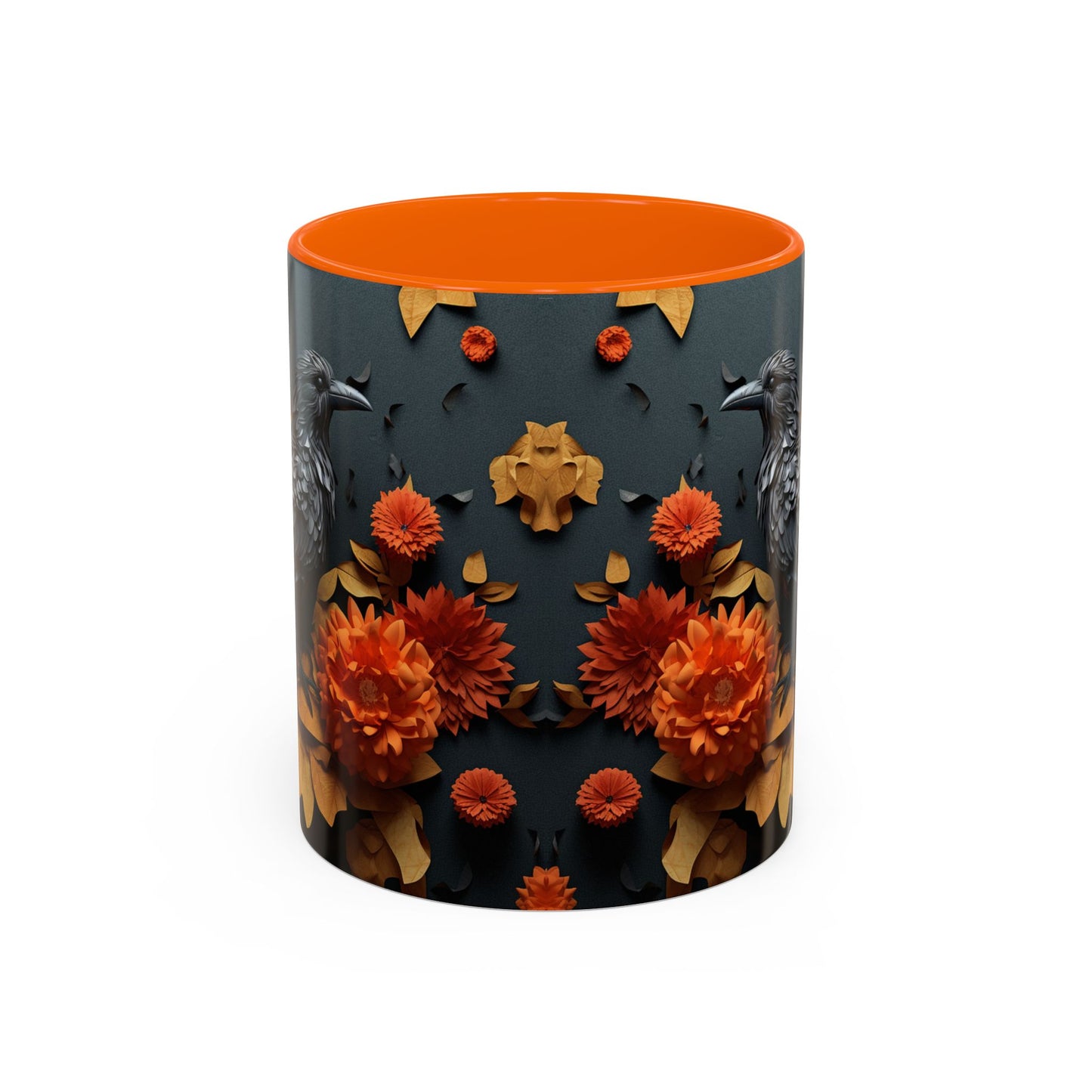 Autumn Raven Accent Coffee Mug — Black Crow & Orange Chrysanthemums (11/15oz)