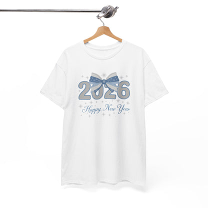 2026 Happy New Year Tee — Festive Blue Bow New Year T-Shirt