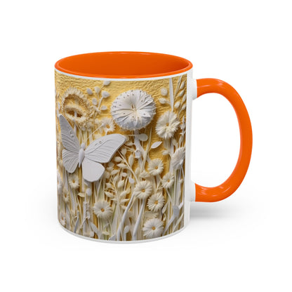 White Floral Relief with Butterflies Accent Mug | 11oz 15oz