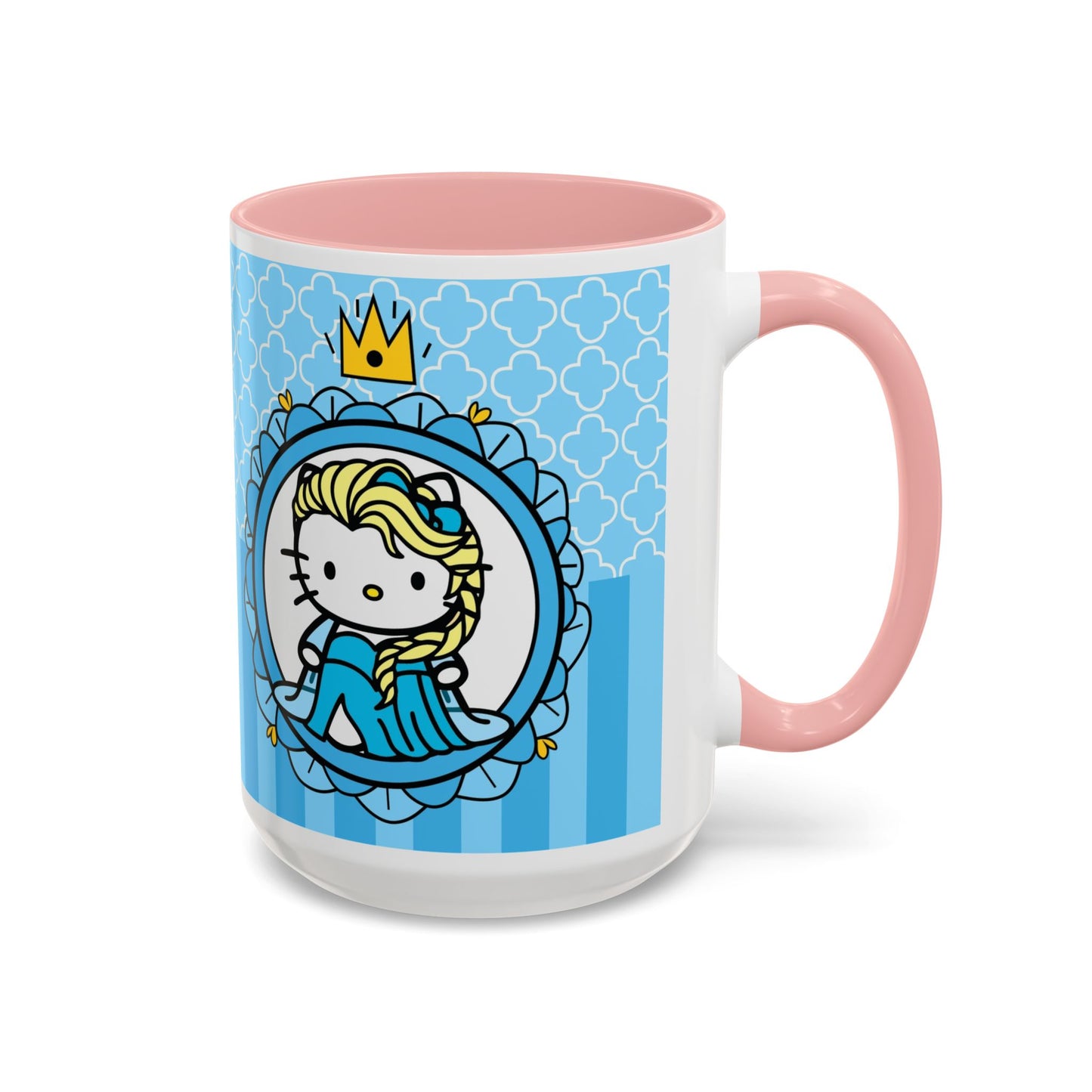 Princess Cat Illustration Accent Coffee Mug | Blue Striped Ceramic