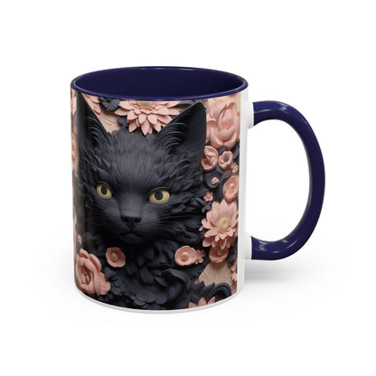 Black Cat & Pink Roses Accent Coffee Mug — 11/15oz Floral Cat Art