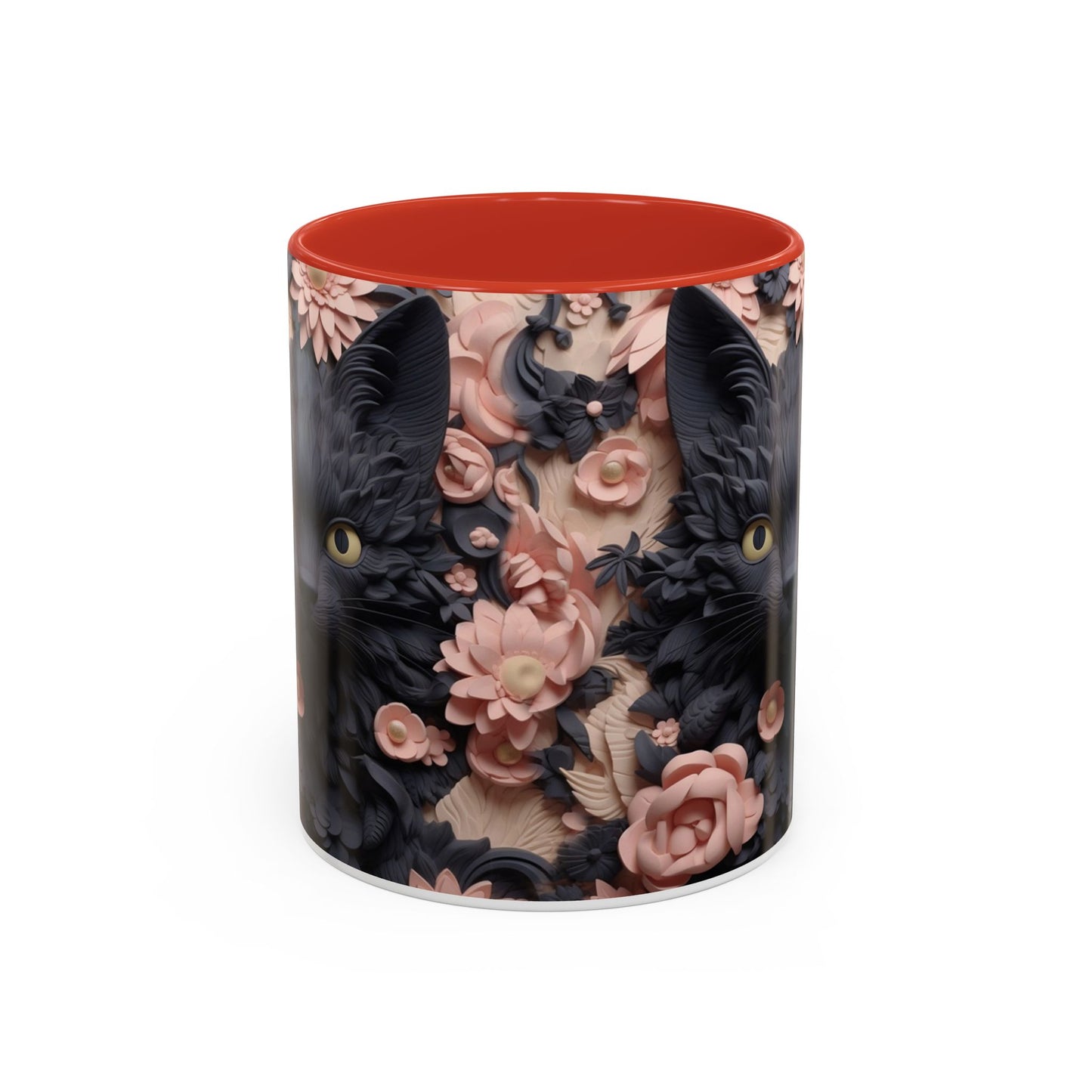 Black Cat & Pink Roses Accent Coffee Mug — 11/15oz Floral Cat Art