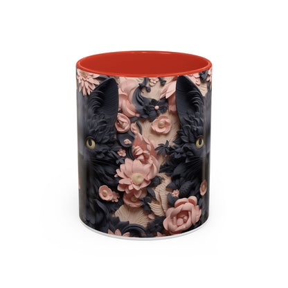 Black Cat & Pink Roses Accent Coffee Mug — 11/15oz Floral Cat Art