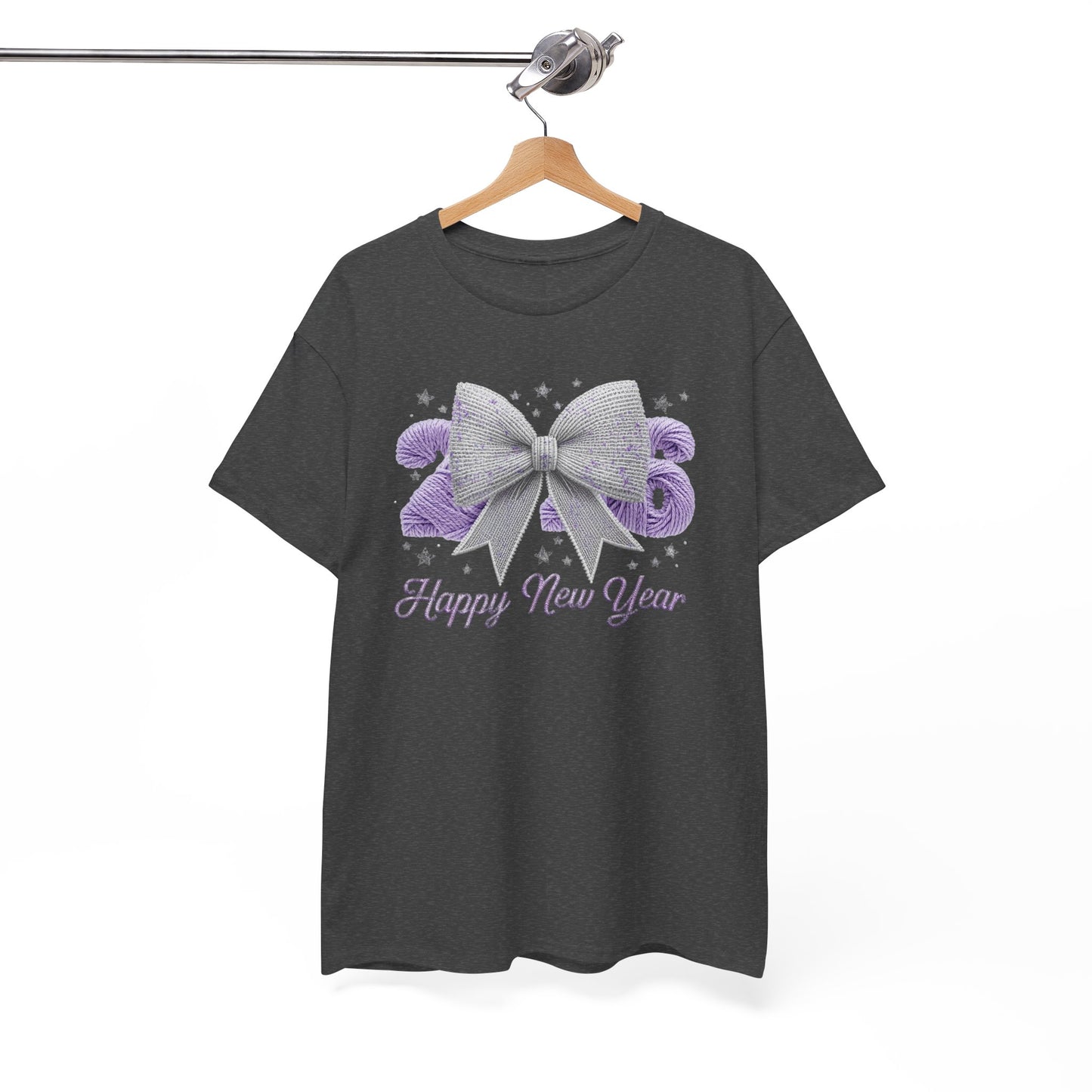 Happy New Year Bow T-Shirt — Silver Glitter Bow with Purple Confetti Tee