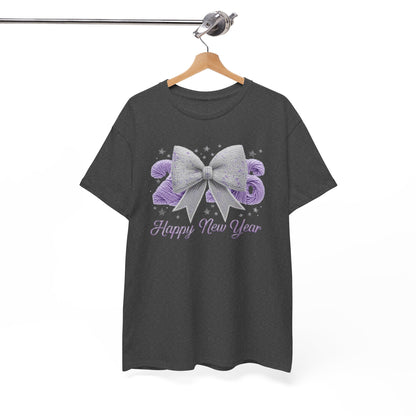 Happy New Year Bow T-Shirt — Silver Glitter Bow with Purple Confetti Tee
